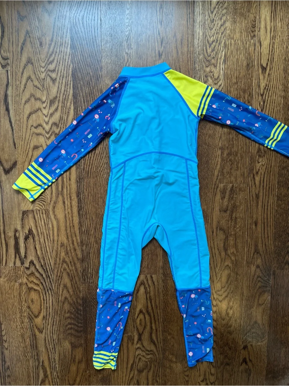 Boys Full Body One-Piece Swim Suit in Blue with Yellow Accents